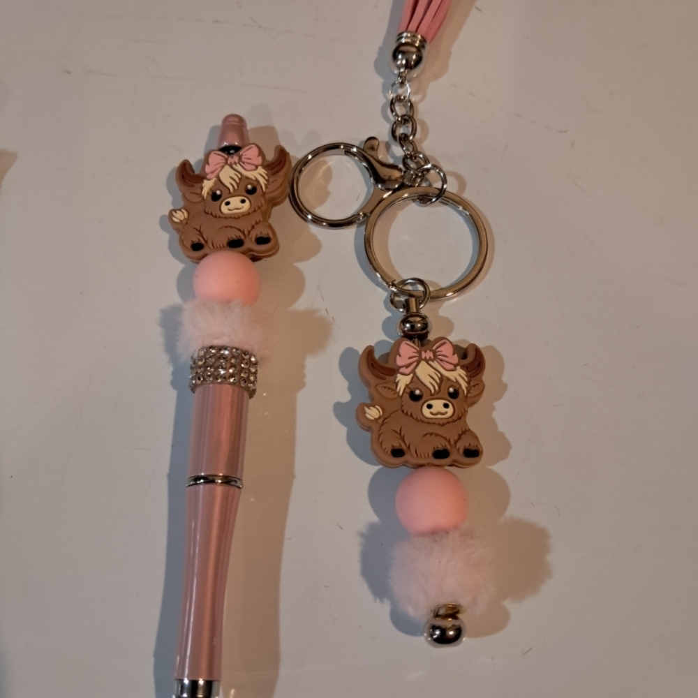 Adorable Pink Cow Pen and Keychain Set